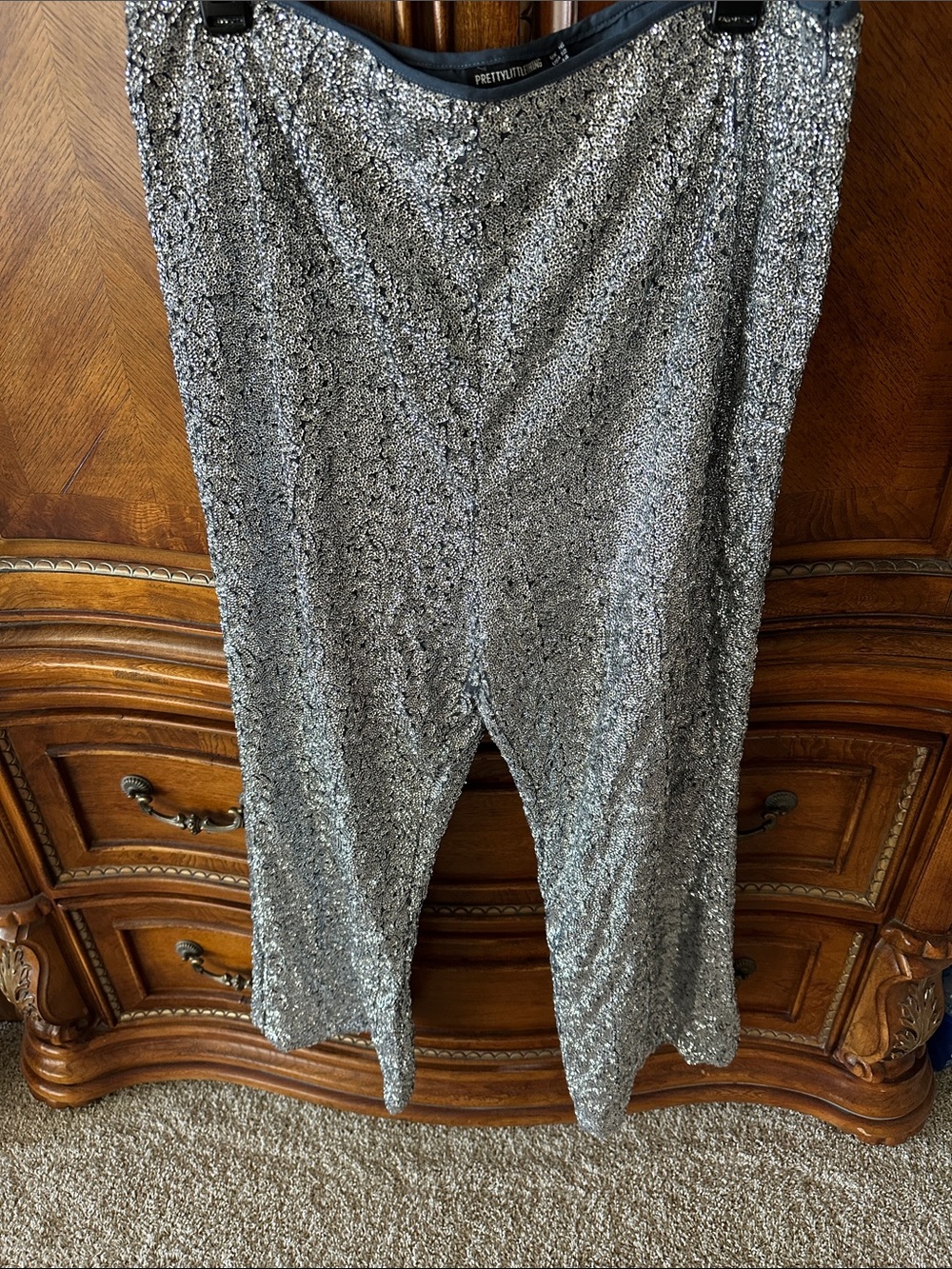 PrettyLittleThing Silver Sequin side, zip dress slacks